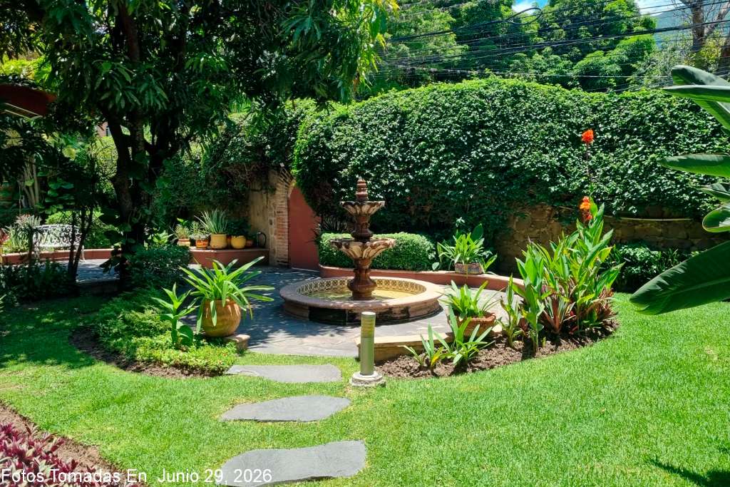 01- Lush Front Garden with Cantera Stone Fountain and Flagstone Terrace